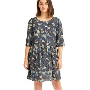 Amour Vert Boat Neck Elbow Sleeve Abstract Floral Silk Dress in Dark Gray sz XS